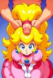 1boy 1girls ai_generated blonde_hair blue_eyes clothed_female_nude_male hair hair_grab hairjob novelai pink_dress ponytail princess_peach super_mario_bros. sweatdrop very_long_hair