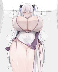 ? absurdres azur_lane bar_censor breasts censored china_dress chinese_clothes commentary_request dress elbow_gloves female from_below gloves highres huge_breasts kearsarge_(azur_lane) kearsarge_(springtime_monitoring)_(azur_lane) long_hair looking_at_viewer looking_down ltiki official_alternate_costume open_mouth purple_eyes purple_gloves pussy solo translation_request twintails very_long_hair white_hair