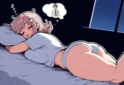 1boy 1girls ai_generated big_ass danganronpa danganronpa_2:_goodbye_despair hinata_hajime large_breasts nanami_chiaki novelai panties sideboob sleeping t-shirt thick_thighs thought_bubble