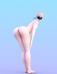 1boy 3d ass big_ass blindfold blue_background femboy light-skinned_male light_skin looking_at_viewer looking_back male male_only nier nier:_automata nude nude_male rear_view short_hair trap tummyart3d white_hair yorha_9s