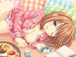 aoi_akua awake blue_eyes blush book breasts brown_hair donut drooling female female_focus food komaki_manaka looking_at_viewer lying medium_breasts nipples on_side one_eye_closed open_clothes open_shirt pajamas panties pantyshot saliva shirt short_hair solo tea thigh_gap to_heart_(series) to_heart_2 underwear white_panties