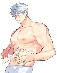 1boy alfi_(tok) ambiguous_gender blush closed_eyes mabinogi male male_focus male_only muscular muscular_male nipples pecs silver_hair simple_background solo_focus topless white_background