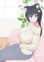 1girls alternate_version_available animal_ears bangs big_breasts black_hair blue_eyes blush breasts clothed clothing couch eyebrows_visible_through_hair female female_focus female_only hair_ornament hands_on_belly indoors jeans kemonomimi large_breasts looking_at_viewer pants sitting solo someone_else's_oc star_hair_ornament subten sweater