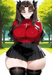 1girls ai_generated big_breasts breasts fate/stay_night fate_(series) female female_focus green_eyes hips huge_breasts large_breasts legwear light-skinned_female long_hair looking_at_viewer thick_thighs thighs tohsaka_rin twintails vaporeeoniteai wide_hips