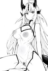 ahoge alternate_costume arknights breasts china_dress chinese_clothes cleavage cleavage_cutout closed_mouth clothing_cutout commentary_request dress female female_pubic_hair highres horns large_breasts light_blush long_hair looking_at_viewer makigirisu monochrome navel nipples pubic_hair pussy reed_(arknights) see-through_clothes see-through_dress side_slit simple_background sitting sleeveless sleeveless_dress solo white_background