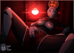 2025 2d 2d_(artwork) 2d_artwork animatronic animatronic_female areola areolae artist_logo artist_name beanontoast booty_shorts breasts breasts_out c.u.t.e female five_nights_at_freddy's five_nights_at_freddy's:_security_breach nipples original_character red_cheeks robot robot_girl solo staff_bot_(security_breach) thick_thighs