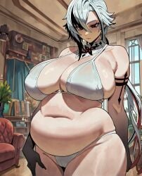 ai_generated arlecchino_(genshin_impact) belly belly_button bikini breasts chubby chubby_female exposed_belly exposed_belly_button exposed_fat_belly fat fat_female fat_girl fat_woman female female_focus female_only genshin_impact hoyoverse mihoyo mihoyo_technology_(shanghai)_co._ltd. sitting snezhnaya_girls solo solo_female solo_focus white_hair white_hair_female