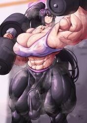 abs alternate_muscle_size blue_archive futanari muscular_futanari roneesan sumire_(blue_archive) sweat weightlifting