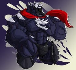 2021 5_fingers absurd_res anthro anthrofied armor beak big_bulge big_muscles big_pecs black_body black_fur body_hair bulge chest_hair clothing corviknight fierglief fierglief_(character) fingers fur generation_8_pokemon hand_on_chest hand_on_hip hi_res huge_bulge huge_muscles huge_pecs hyper hyper_muscles male markings muscular nintendo pecs pokemon pokemon_(species) scarf solo standing underwear veiny_muscle white_markings yellow_eyes