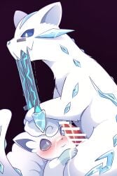 2:3 alolan_form alolan_vulpix ambiguous_gender blue_body blue_sclera bodily_fluids censor_bar censored chien-pao cum duo erection feral fur generation_7_pokemon generation_9_pokemon genital_fluids genitals hi_res legendary_pokemon male male/ambiguous mouth_closed multicolored_body nintendo paws penis pokemon pokemon_(species) quadruped regional_form_(pokemon) rumine side_view simple_background tail teeth white_body white_eyes white_fur white_tail