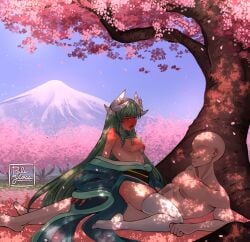 1boy1girl 1girl1boy anonymous_male artist_logo bald bald_man blush blushing_female breasts_out cherry_blossoms commission commission_art commissioner_upload cowgirl_position faceless_male fate/grand_order fate_(series) green_hair horned_female horns kimono kimono_down kimono_open kiyohime_(fate) kiyohime_(fate/grand_order) large_breasts leaning_against_tree leaning_on_object long_hair moaning moaning_in_pleasure mount_fuji muscular muscular_male nipples nude nude_male on_back open_mouth palegloss partially_clothed partially_clothed_female smiling smiling_at_partner thigh_highs thighhighs tree trees under_tree yellow_eyes