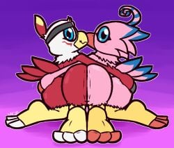 2025 3_toes accessory all_fours ambiguous_gender anthro ass ass_grab avian avian_feet bandai_namco beak big_ass biyomon black_claws black_headband blue_body blue_eyes blue_feathers claws digimon digimon_(species) duo feathers feet finger_claws hand_on_ass hawkmon headband headband_only looking_at_viewer looking_back markings motion_lines pink_body pink_feathers presenting presenting_hindquarters pupils red_beak red_body red_claws red_feathers red_markings smile take_your_pick thick_thighs toe_claws toes ultilix white_body white_claws white_feathers yellow_beak yellow_body yellow_feathers