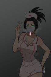 absurd_res after_sex akali_jhomen_tethi black_hair bodily_fluids breasts cleavage clothed clothing condom cum cum_collecting curvy_figure darkness face_mask female female_only filled_condom genital_fluids gesture green_eyes hair hat headgear headwear hi_res human human_only laboratory_equipment laboratory_glassware league_of_legends mammal mask medical_instrument not_furry nurse nurse_clothing nurse_hat nurse_headwear nurse_uniform riot_games scientific_instrument sexual_barrier_device simple_background solo surgical_mask tencent test_tube tied_hair ting0816 uniform wide_hips