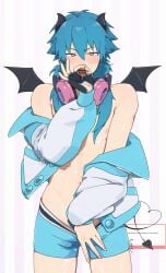 1boy arm_up bat_wings black_gloves blue_hair blue_male_underwear blush demon_boy demon_horns demon_tail dramatical_murder fingerless_gloves glove_cutout gloves green_eyes hair_behind_ear hair_between_eyes hand_in_underwear headphones headphones_around_neck heart highres horns jacket long_hair long_sleeves looking_at_viewer male_focus male_only male_underwear mokado375 multicolored_jacket navel nipples off_shoulder ok_sign open_mouth request_inset seragaki_aoba shiny_skin simple_background solo standing suggestive_fluid tail teeth tongue tongue_out topless_male underwear white_background wings