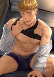 1boy abs blonde_hair earrings indoors jewelry legs_apart looking_at_viewer luca_(mondi_xxx) male male_only mondi_xxx muscular muscular_male nipples open_clothes original pecs purple_eyes shirt_lift sitting smile solo tank_top