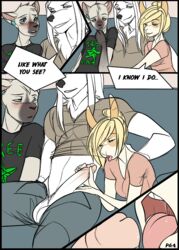 anthro balls blush canine clothed clothing comic duo english_text erection feline female humanoid_penis lagomorph male mammal open_mouth penis rabbit saliva sitting straight teil text tongue tongue_out unzipped