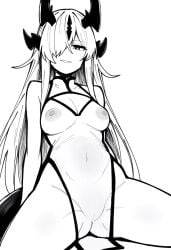 alternate_costume arknights bare_shoulders breasts china_dress chinese_clothes cleavage cleavage_cutout clothing_cutout commentary_request dress eblana_(arknights) female grin groin hair_over_one_eye highres long_hair looking_at_viewer makigirisu medium_breasts monochrome navel nipples one_eye_covered pussy see-through_clothes see-through_dress side_slit simple_background sitting sleeveless sleeveless_dress smile smug solo spread_legs white_background