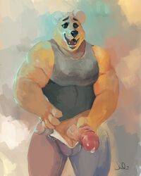 anthro balls bear big_penis bulge clothed clothing erection julicat male male_only mammal muscular open_mouth penis precum retracted_foreskin smile solo standing thick_penis uncut unzipped