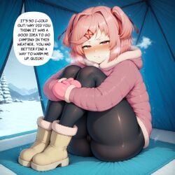 1girls :t ai_generated aimoonshine ass ass_squish black_leggings black_legwear black_pantyhose blush boots breath breath_cloud brown_footwear cameltoe closed_mouth coat cold day dialogue doki_doki_literature_club english_text female female_only full_body fur-trimmed_boots fur-trimmed_hood fur-trimmed_jacket fur_trim furrowed_brow hair_ornament hair_ribbon hairclip heavy_breathing hood hood_down huge_ass hugging_own_legs indoors jacket knees_up leggings long_sleeves looking_at_viewer mittens natsuki_(doki_doki_literature_club) nose_blush on_ground pantyhose pink_coat pink_eyes pink_hair pink_jacket pout puffed_cheeks puffer_jacket red_ribbon ribbon shivering short_hair sitting snow solo solo_female speech_bubble swept_bangs tent text thick_thighs trembling tsundere two_side_up v-shaped_eyebrows visible_breath winter winter_clothes winter_coat zipper