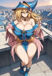 ai_generated bangs bare_shoulders blonde_hair blue_eyes blue_footwear blue_headwear blue_sky blush blush_stickers boots breasts building choker city cityscape clavicle cleavage closed_mouth clothing cloud collar dark_magician_girl day dress duel_monster female female female_only footwear full_body green_eyes hair_between_eyes hand_on_hip hat headwear huge_breasts jewelry jousneystudio large_breasts long_hair looking_at_viewer low_neckline neck_ring off-shoulder_dress off_shoulder outdoors patreon_username pelvic_curtain pentacle pentagram shiny shoes sitting sky smile solo spellcaster_hat standing thick_thighs thighs v watermark web_address wizard_hat yu-gi-oh! yu-gi-oh!_duel_monsters yu-gi-oh!_gx