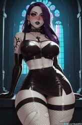 1female ai_generated big_hips choker curvy curvy_figure female fishnet_stockings fishnets front_view gloves goth goth_girl gothic gothic_makeup latex latex_gloves long_hair makeup mature_female mature_woman milf mommy original_character pale-skinned_female pale_skin panties pony_diffusion_xl purple_hair red_eyes secret_room12 shiny_skin skirt stable_diffusion standing stockings tattoo thick_thighs wide_hips