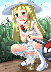 ... 1girls bag bangs blonde_hair blunt_bangs blush boots breasts clothes clothing cloud day dress duffel_bag female female_only grass hat heavy_breathing homare_(suzu_no_oka) human lillie_(pokemon) long_hair nintendo open_mouth outdoors panties panty_pull peeing plant pokeball pokemon pokemon_sm pussy shoes shoulder_bag sky small_breasts solo squatting sun_hat sweat text tongue translation_request uncensored urine white_dress white_hat white_legwear white_panties young