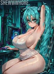 ai_generated armpits arms_up bags_under_eyes blue_eyes blue_hair cleavage eyelashes gaming_chair glasses hatsune_miku shewwwhore sleeveless sleeveless_shirt vocaloid white_shirt