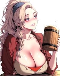 1girls ai_generated alcohol beer beer_mug blonde_hair blue_eyes blush braided_hair breasts busty cleavage drink drunk fully_clothed gemma_(monster_hunter_wilds) large_breasts light-skinned_female light_skin monster_hunter monster_hunter_wilds ponytail smile