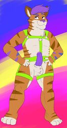 1boy anthro dyox feline fur furry harness leather male male_only mammal penis purple_eyes purple_hair solo spud_the_otter tiger uncut