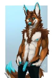 anthro arm_tuft blue_background blue_eyes blue_nipples blue_nose blue_penis brown_body brown_fur canid canine cheek_tuft chest_tuft closed_smile clothed clothing dipstick_ears ear_markings elbow_tuft facial_tuft front_view fur genitals glistening glistening_eyes half-erect hi_res humanoid_genitalia humanoid_penis looking_at_viewer male mammal mouth_closed multicolored_ears neck_tuft nipples open_bottomwear open_clothing orange_body orange_fur penis portrait presenting presenting_penis shoulder_tuft simple_background smile solo three-quarter_portrait topless tuft white_body white_fur yookie