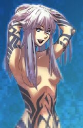 :d arms_up black_lips breasts collarbone completely_nude devil_summoner female full-body_tattoo hair_between_eyes hair_over_breasts hands_in_own_hair long_hair medium_breasts nemissa_(megami_tensei) nude open_mouth pixelated shinabita_nasubi smile solo soul_hackers tattoo teeth upper_teeth_only white_eyes white_hair