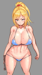 1girls abs bare_shoulders bikini blonde_hair blue_bikini blue_eyes breasts clothing erect_nipples female female_only firearm grey_background gun handgun highres holding holding_gun holding_weapon huge_breasts human long_hair looking_at_viewer metroid navel nintendo pale_skin ponytail samus_aran simple_background sketch solo sweat swimsuit swimwear tied_hair weapon wet wide_hips wolffeld_price