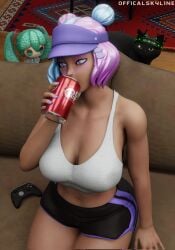 1girls 3d bare_shoulders big_breasts breasts cleavage drpepper epic_games female female female_only fortnite fortnite:_battle_royale hairclip leelah_(fortnite) light-skinned_female light_skin looking_at_viewer multicolored_hair painted_nails purple_eyes short_hair sitting solo solo_female tagme tagme_(artist) thighs