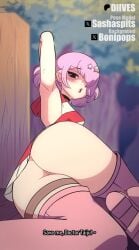 animated animated_gif armpits arms_up ass ass_focus blush diives dr.stone flashing fully_clothed luna_(dr.stone) luna_wright miniskirt panties partially_clothed pink_hair pink_legwear red_eyes short_hair skirt striped striped_dress thick_ass thick_thighs thigh_highs twerking