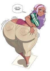 1girls ass ass_cleavage ass_grab bent_over big_ass bubble_butt butt_crack dark-skinned_female dark_skin dat_ass dialogue elf elf-san_wa_yaserarenai elf_female fat_ass female female_only grabbing_own_ass hand_on_ass hand_on_own_ass huge_ass kuroeda large_ass looking_at_viewer looking_back panties pants png pout pouting purple_hair shirt solo talking_to_viewer text thick_ass white_background zrfurious