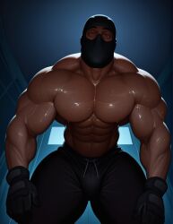 abs ai_generated bara barazoku big_arms big_biceps big_breast big_shoulders big_thighs bodybuilder bulge bulge_through_clothing heart-shaped_pupils heart_eyes jeans large_pecs male male_only masked masked_male moobs muscle muscles muscular oiled skin smooth_chest smooth_skin smooth_skinned thighs tight_clothing tight_pants