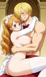 1boy1girl 1girls 3_eyes ai_generated balls blonde_hair blush breast_grab brown_hair charlotte_pudding fair_skin female female_penetrated grabbing grabbing_breasts groping_breasts heart large_breasts leg_up light_skin long_hair male naked naked_female naked_male no_clothes nude one_piece penetration penis penis_in_pussy sex twintails vinsmoke_sanji wedding_dress wedding_lingerie wholesome