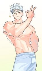 1boy abs alfi_(tok) closed_eyes gradient_background mabinogi male male_only muscular muscular_male nipples pecs silver_hair simple_background smile solo sparkle topless