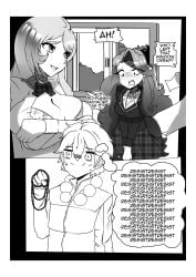 1boy 2girls absurd_res absurdres black_and_white bra bursting_breasts cleavage comic embarrassed holding_breast huge_breasts large_breasts long_hair lugame monstralgam prayer_beads school_uniform stacey_(lugame) tifa_(lugame) window