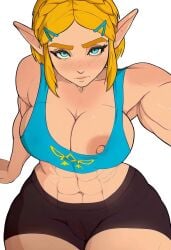 1girls abs ai_generated cameltoe cleavage large_breasts looking_up muscular muscular_female nintendo nipple_slip princess_zelda selfie shorts solo tekan4982 the the_legend_of_zelda the_legend_of_zelda:_breath_of_the_wild the_legend_of_zelda:_tears_of_the_kingdom thick_thighs wardrobe_malfunction zelda_(breath_of_the_wild) zelda_(tears_of_the_kingdom)