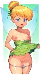 blonde_hair blue_eyes breasts breasts_out dress fairy fairy_wings green_dress hairbun hand_on_hip lifting_dress panties panties_down peter_pan_(disney) pussy r123 short_hair tinker_bell white_panties wide_hips