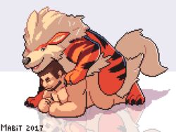 2017 2boys arcanine canine closed_eyes duo feral fur furry gay hair human interspecies low_res mabit male male_only male_pokemon/male_human mammal nintendo nude open_mouth original_character penetration pixel_art pokebreeder_(mabit) pokemon pokemon_(species) pokephilia sex simple_background smile text video_games