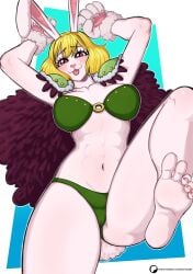 anthro belly belly_button big_breasts blonde_hair bow bra bunny_ears bunny_girl bunny_tail carrot_(one_piece) clothing feet feet_up female female_only furry furry_female hands_up nails_painted nefta3007 one_piece panties shoulder_pads tight_clothing tongue_out yrjio