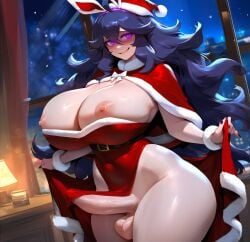 1girls animal_ears blush breasts cape christmas dress erection erection_under_clothes exhibitionism fur_trim futanari hat hex_maniac hex_maniac_(pokemon) huge_breasts leotard long_hair looking_at_viewer messy_hair naughty_face night nipples penis pokemon purple_eyes purple_hair racerai santa_costume santa_hat sky smile solo strapless testicles thick_thighs thighs veins window