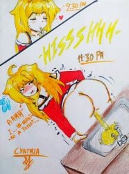 1girls 2koma alphahyoudou ass blonde_hair blush bra_strap christmas christmas_outfit closed_eyes cynthia_(alphahyoudou) female large_ass long_hair looking_back open_mouth original peeing peeing_in_sink sink solo
