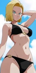 accurate_art_style ai_generated android android_18 android_girl anime anime_style beach beach_background beautiful big_ass big_breasts big_butt blonde_female blonde_hair blonde_hair curvy curvy_body curvy_female curvy_figure curvy_hips dragon_ball dragon_ball_z  female female female_only hips_grab laying laying_on_sand laying_on_side legs legs_together pixiv sexy sexy_pose thick_thighs touching_hip touching_leg touching_legs wide_hips ai_generated miyaji_ai miyaji_ai_(artist) tagme