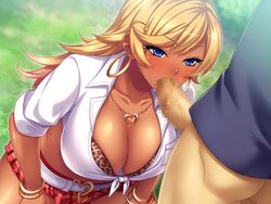 :>= angelo_(gomahangetsu) bangle bikini_top blonde_hair blue_eyes blush bottomless bra_cups_sticking_out bracelet breasts censored cleavage collarbone dark_skin earrings erection fellatio female front-tie_top game_cg grass gyaru heart_necklace highres hoop_earrings huge_breasts jk_bitch_sannin_musume! kneeling kuro_gyaru legs leopard_print long_hair looking_at_another midriff miniskirt mosaic_censoring necklace oral outdoors penis plaid plaid_skirt sasamori_anna school_uniform shirt skirt solo_focus standing sweat swept_bangs thighs tied_shirt whooosaku