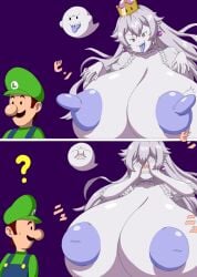 1boy 1girls ? big_breasts blue_overalls boo_(mario) boosette breasts breasts_on_head brown_hair clothing covered_eyes crown dialogue enormous_breasts erect_nipples facial_hair female ghost ghost_girl gigantic_breasts green_hat green_shirt hat huge_breasts japanese_text large_breasts long_hair looking_at_another looking_back luigi male male/female mario_(series) massive_breasts nintendo nipples open_mouth overalls purple_nipples ringosu33 shirt smile tongue tongue_out turned_around voluptuous voluptuous_female white_body white_hair