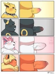 2025 absurd_res anthro balls black_body chart collar eeveelution erection flareon generation_1_pokemon generation_2_pokemon generation_6_pokemon genitals hi_res jolteon kemono male nintendo open_mouth orange_body overweight overweight_male penis penis_chart penis_size_difference pink_body pokemon pokemon_(species) sylveon toralulu umbreon yellow_body