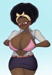 1girls 2024 2d_(artwork) afro alternate_universe belly_button big_breasts bra breasts breasts_out cavendizh cleavage dark-skinned_female glasses headband marvel mature_female milf ms._marvel_(cosplay) office_lady sala_rolle_(mermaid_kunoichi) simple_background skirt solo_female solo_focus sweatdrop undressing wardrobe_malfunction